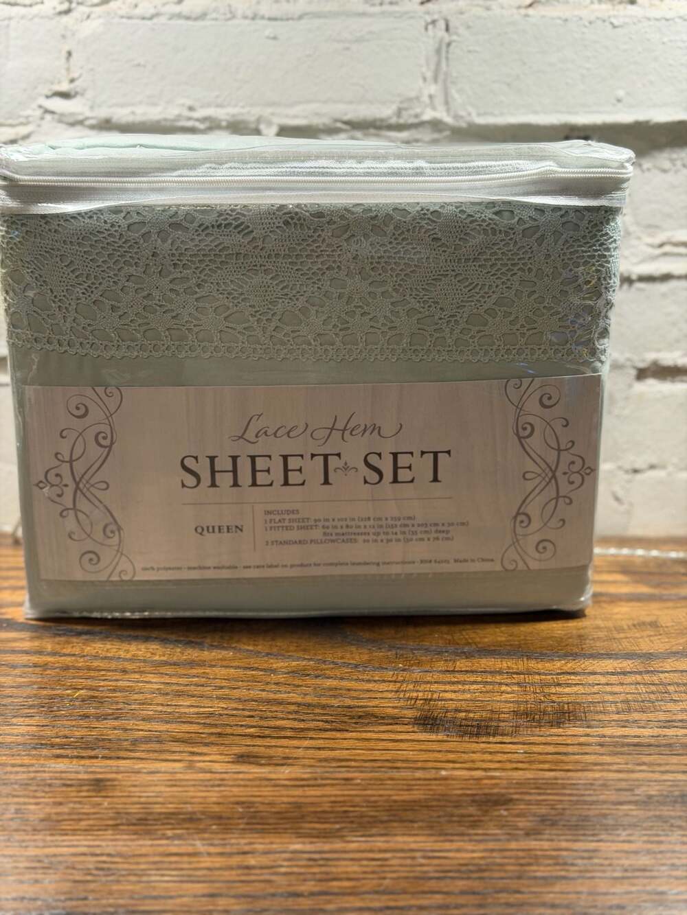 Cottage Core -Cottage Lane Lace Hem Queen Sheet Set  sage green with lace edge